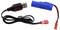 Kabel USB do ładowania z czarnym przewodem, podłączony do niebieskiego akumulatora litowo-jonowego oznaczonego jako '3,7V, 650mAh'.