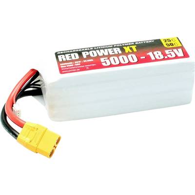 Akumulator litowo-polimerowy 'RED POWER XT', pojemność 5000mAh, napięcie 18,5V, do modeli zdalnie sterowanych. Widoczne wtyczka i przewody.