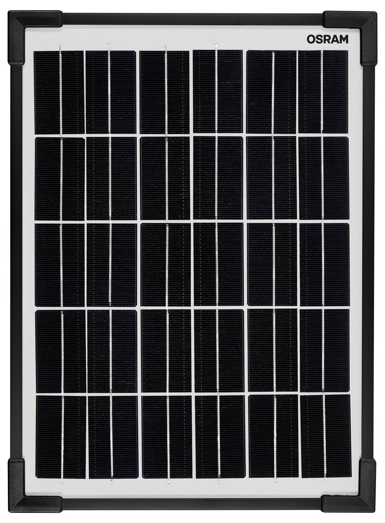 Moduł solarny z prostokątną ramką i czarnymi ogniwami słonecznymi, oznaczony napisem 'Osram' w górnym prawym rogu.