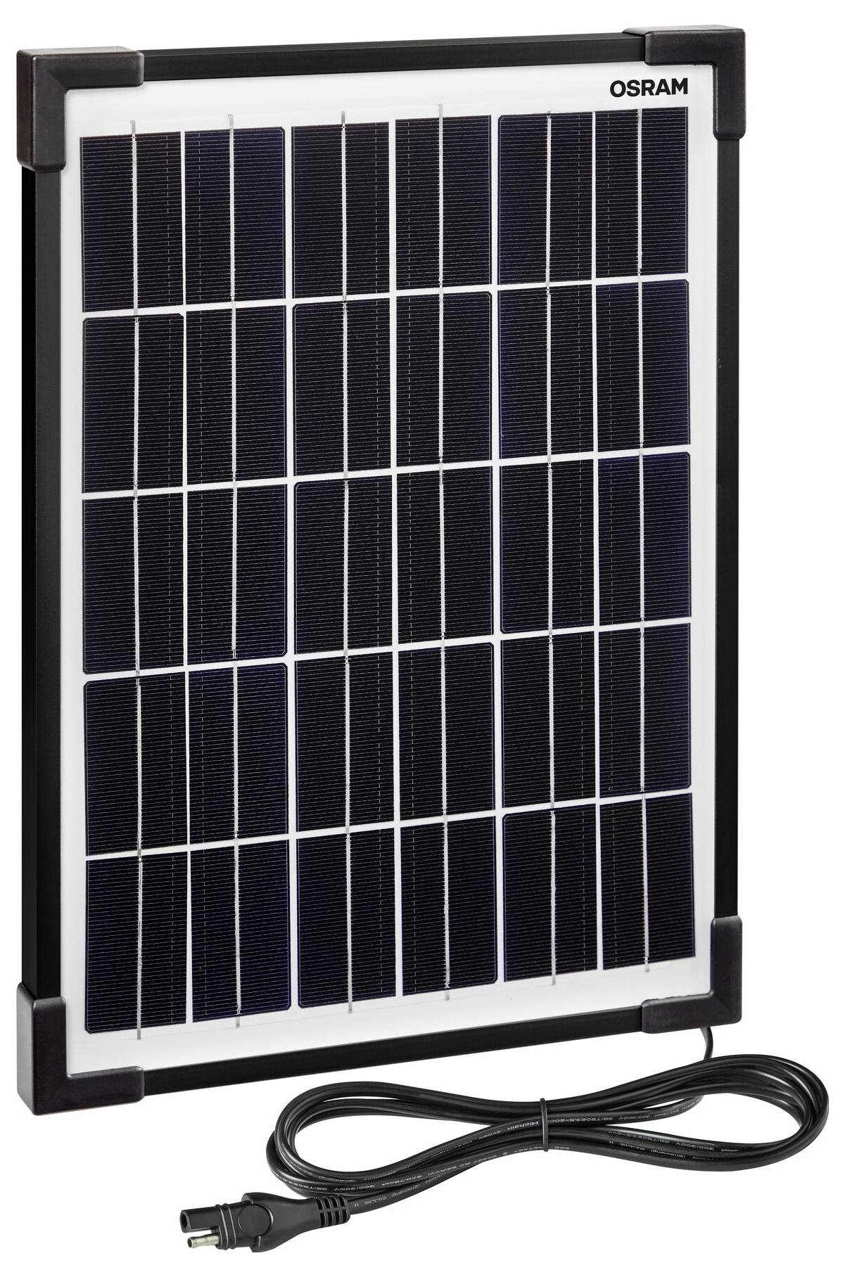 Moduł solarny z czarną ramką i przewodem u dołu.