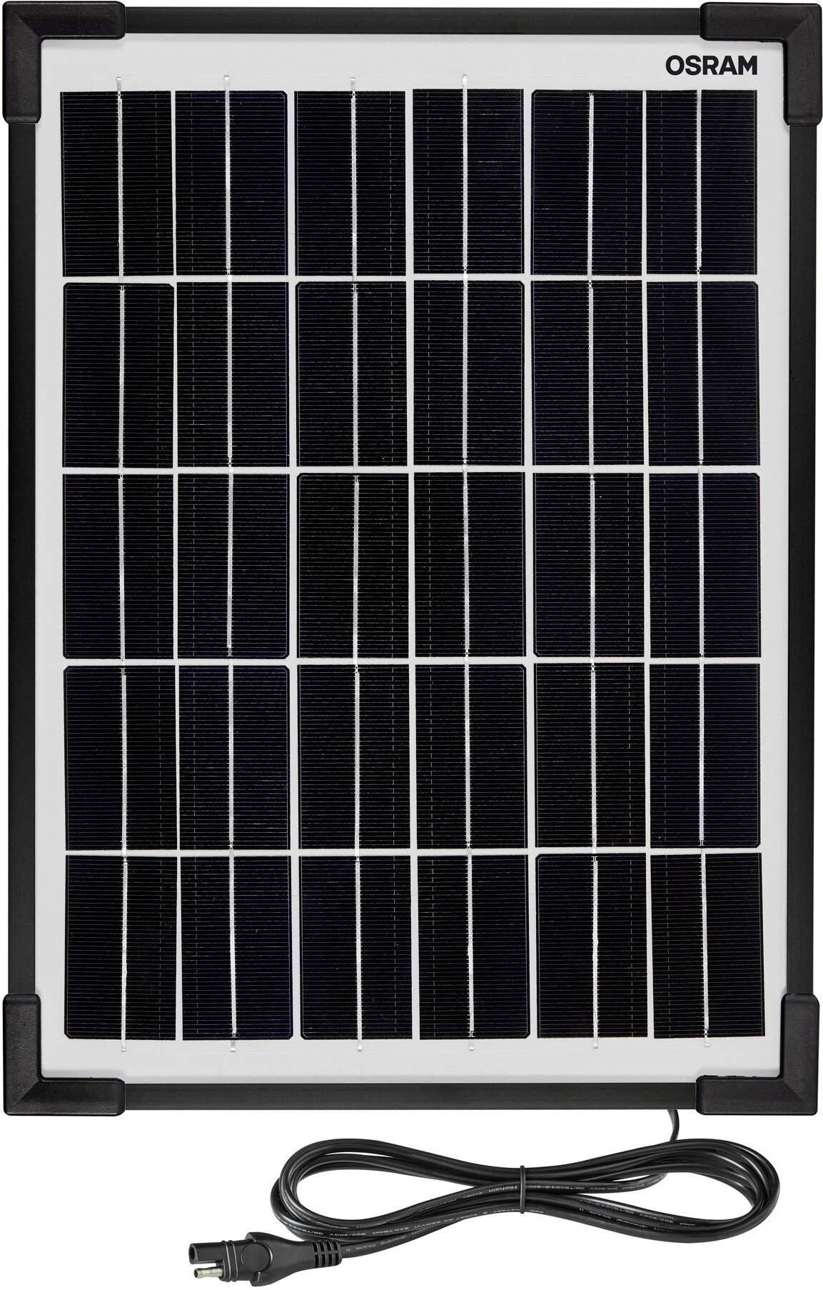 Moduł solarny z 36 czarnymi ogniwami, oprawiony w srebrną ramkę, z podłączonym czarnym adapterem kablowym.