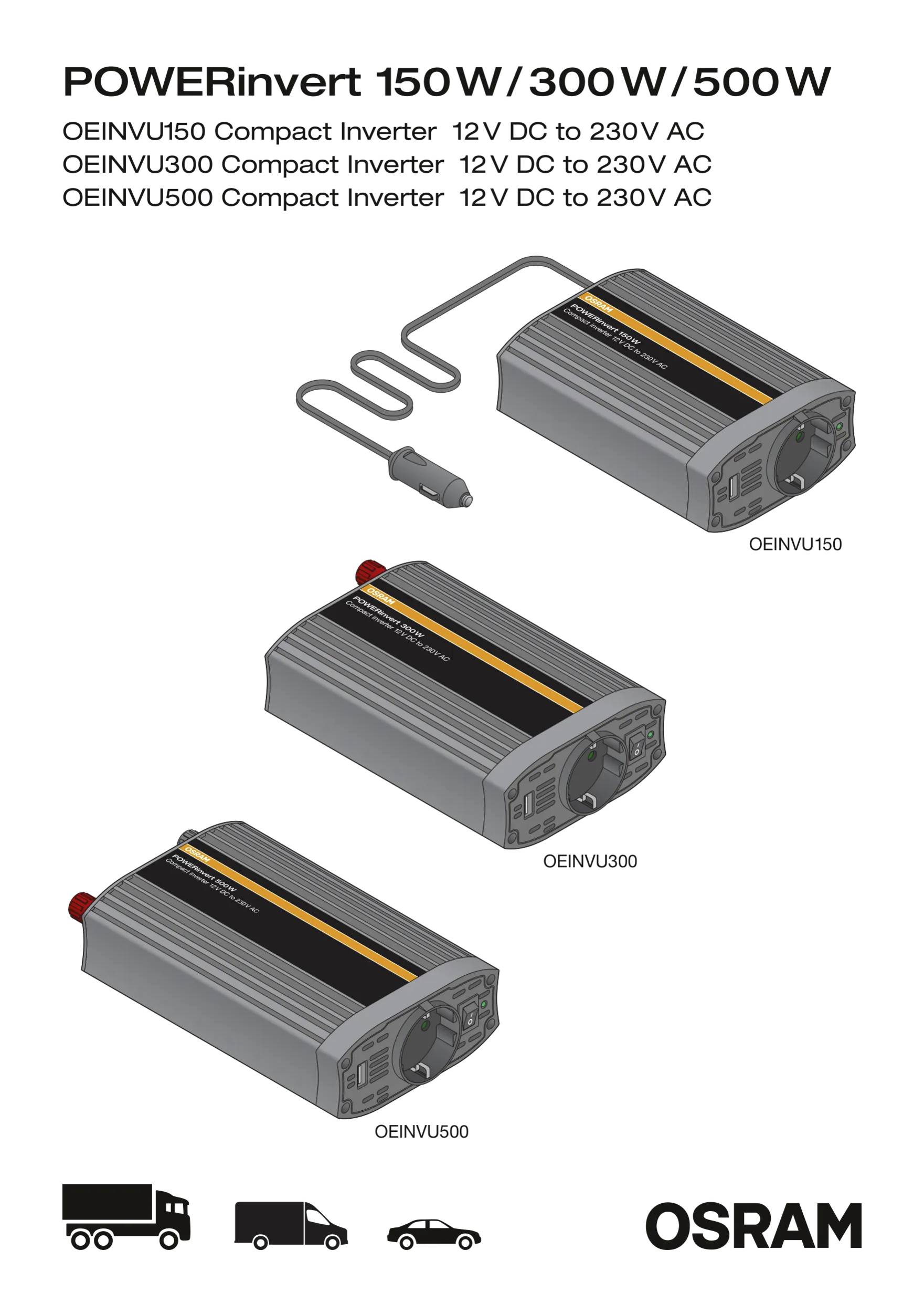 'Trzy modele OSRAM POWERinvert: OEINVU150, OEINVU300, OEINVU500. Wszystkie przekształcają 12V DC na 230V AC. Odpowiednio 150W, 300W, 500W.'