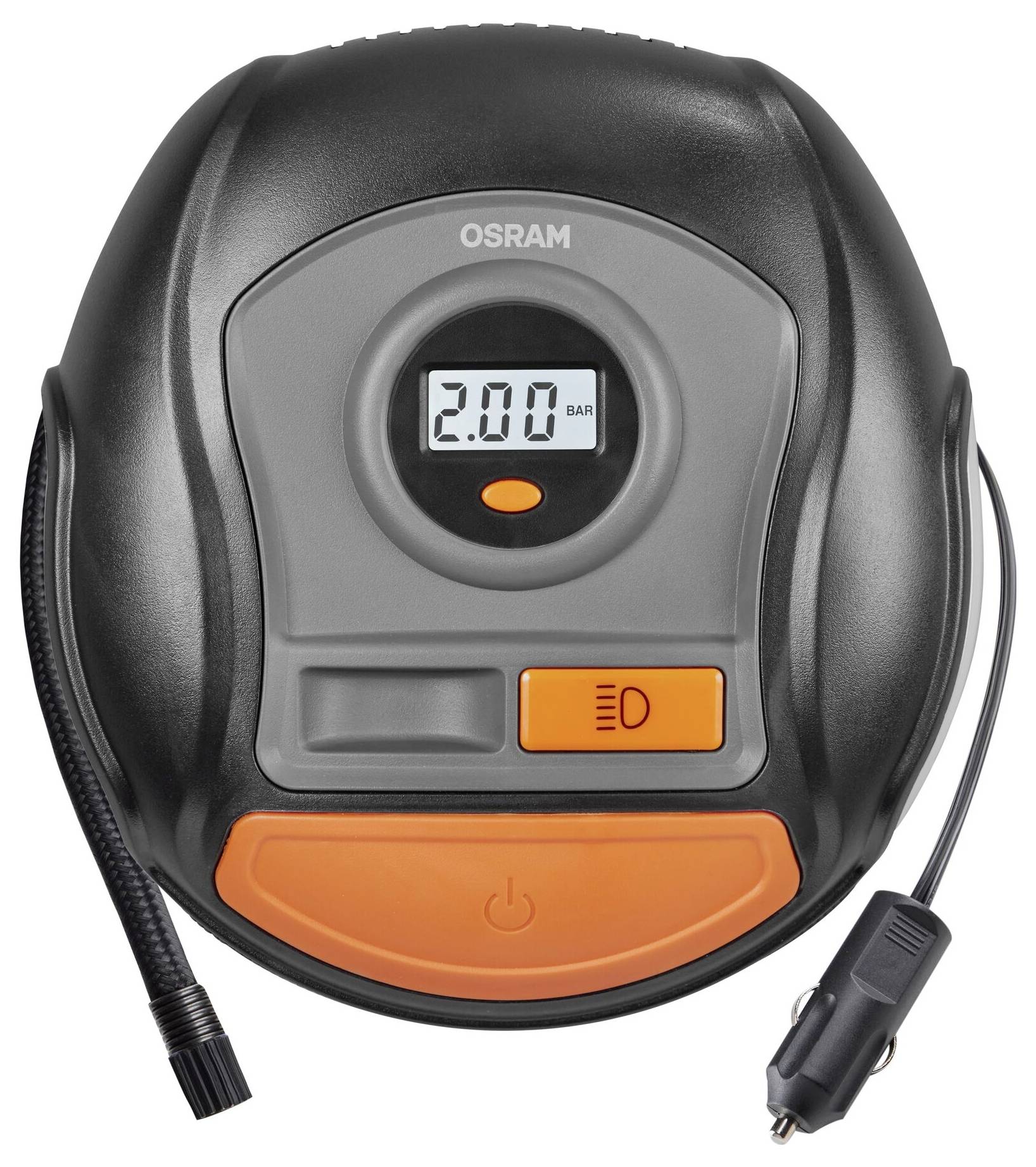 Elektryczna pompka powietrzna Osram z wyświetlaczem cyfrowym, wskazująca '2.00 BAR'. Z przewodem adapter, odpowiednia do pompowania opon.