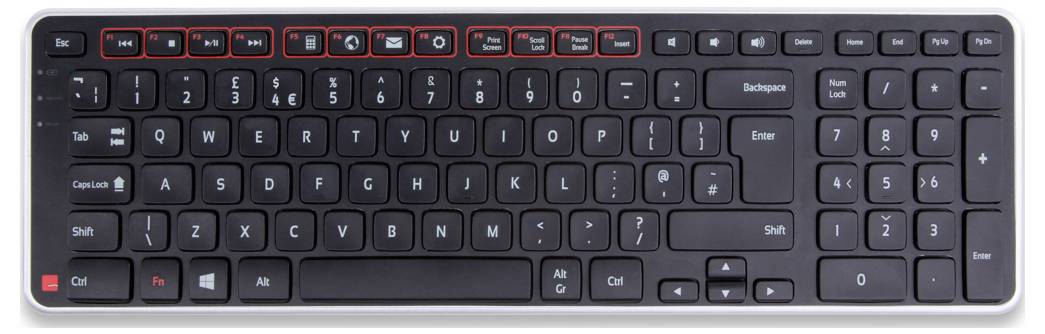 Czarna klawiatura komputerowa z układem QWERTY. Klawisze funkcyjne od F1 do F12 obramowane na czerwono. Brak jakichkolwiek dodatkowych napisów.