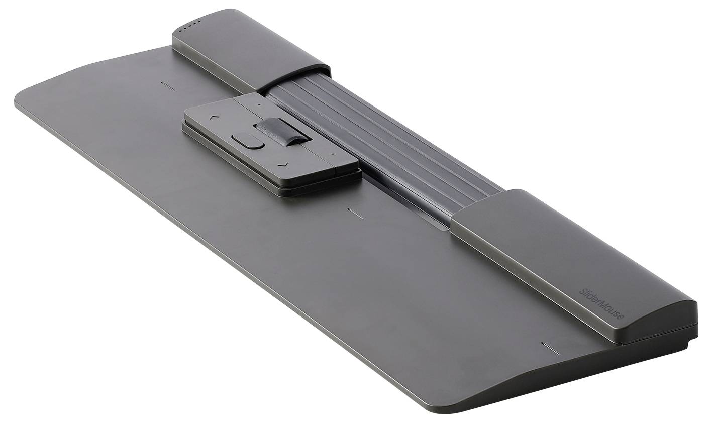 Ergonomiczny osprzęt komputerowy, prawdopodobnie zamiennik myszy, z centralnym mechanizmem przesuwnym do obsługi, w ciemnoszarym kolorze.