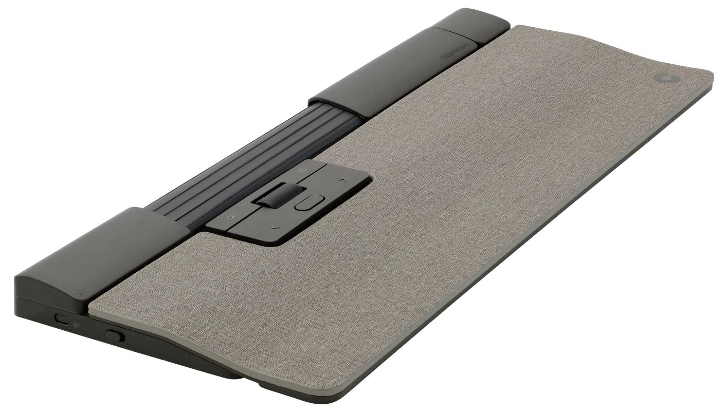 Szara ergonomiczna mysz komputerowa z podparciem nadgarstka, wspierająca użytkowanie zarówno lewą, jak i prawą ręką. Idealna do zmniejszania obciążenia dłoni.