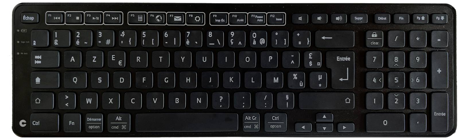Czarna klawiatura komputerowa z francuskim układem AZERTY, składająca się z liter, cyfr i klawiszy funkcyjnych.