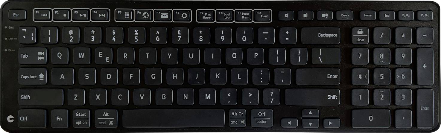 Czarna klawiatura QWERTZ z rzędem klawiszy funkcyjnych na górze, blokiem numerycznym po prawej stronie i standardowymi klawiszami literowymi.