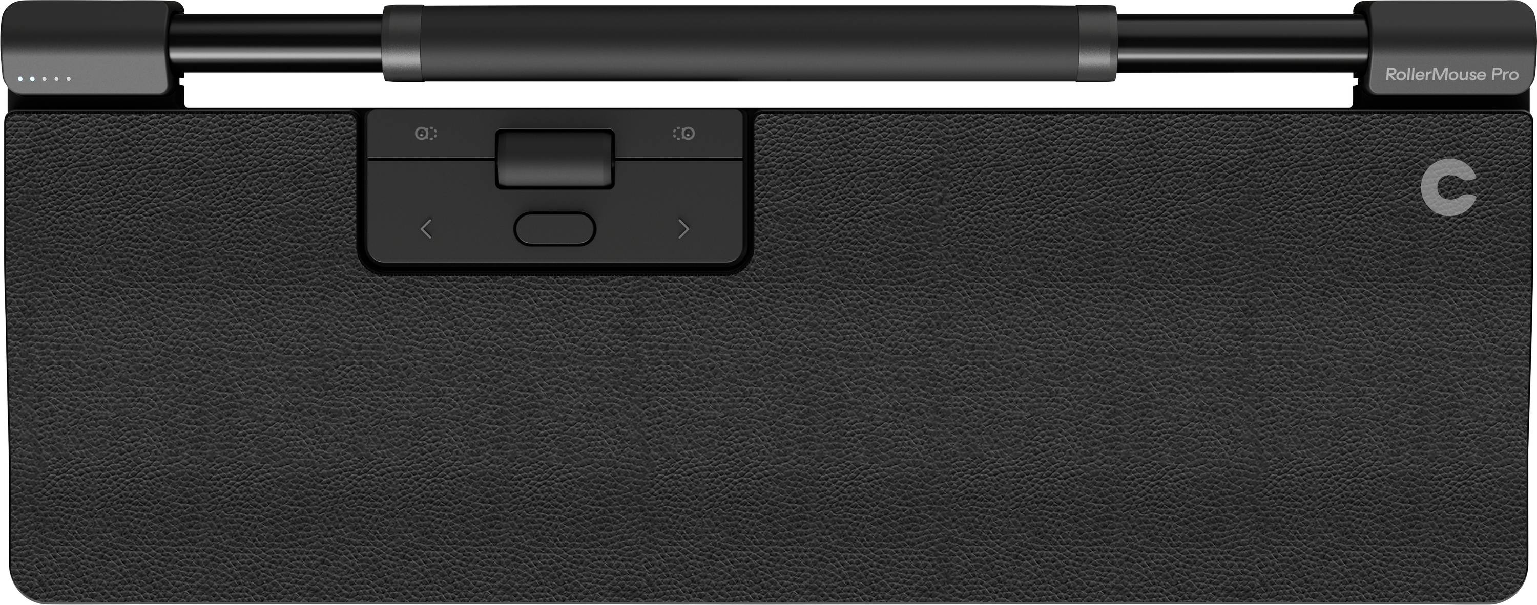 Ergonomiczne urządzenie wprowadzające z szarą podpórką pod nadgarstek i przyciskami sterującymi, zaprojektowane z myślą o komfortowej pracy przy komputerze.