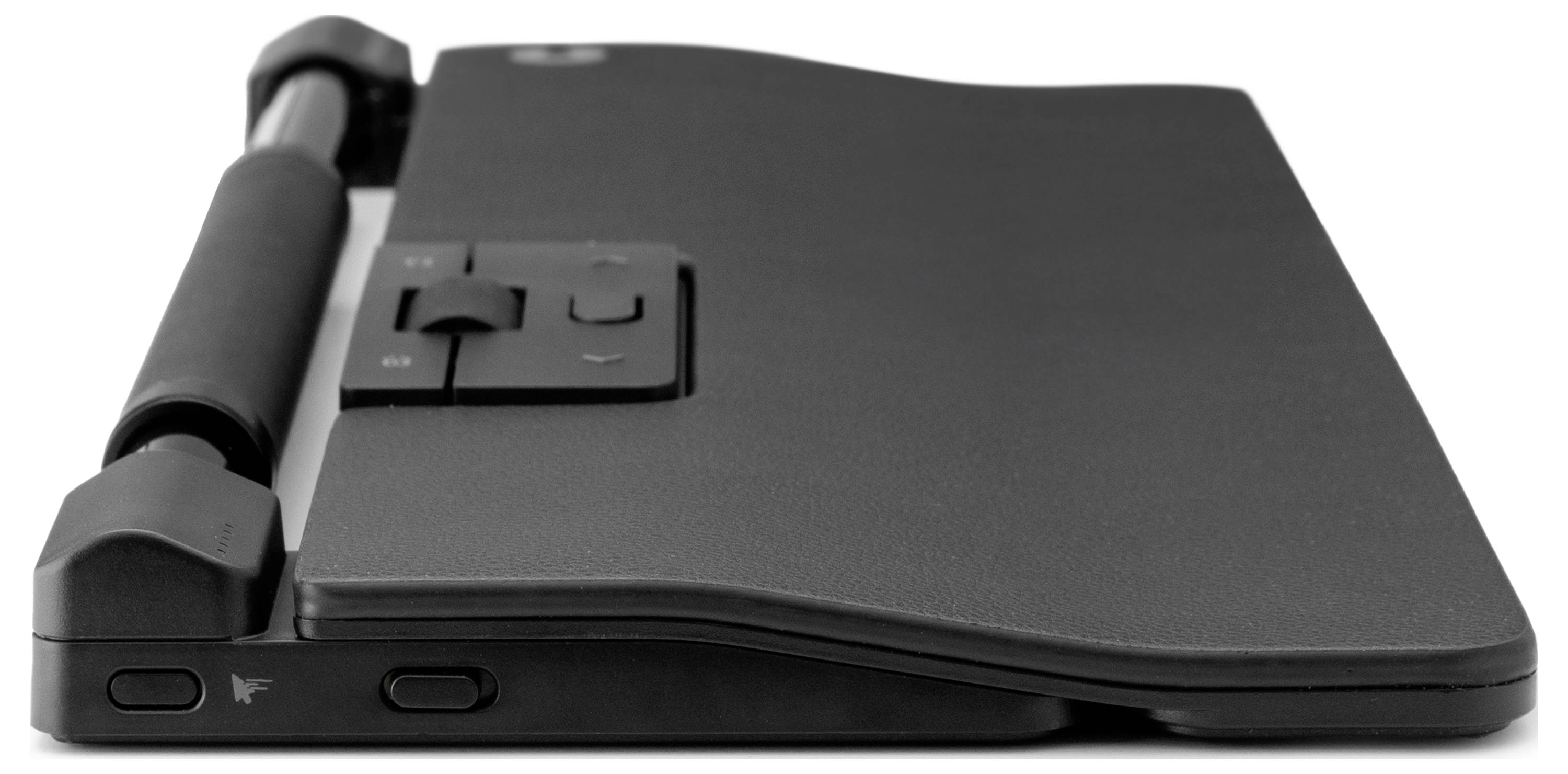 Czarny, płaski elektroniczny sprzęt z przyciskami i rolkami po bokach, prawdopodobnie jakiegoś rodzaju specjalistyczne urządzenie peryferyjne.