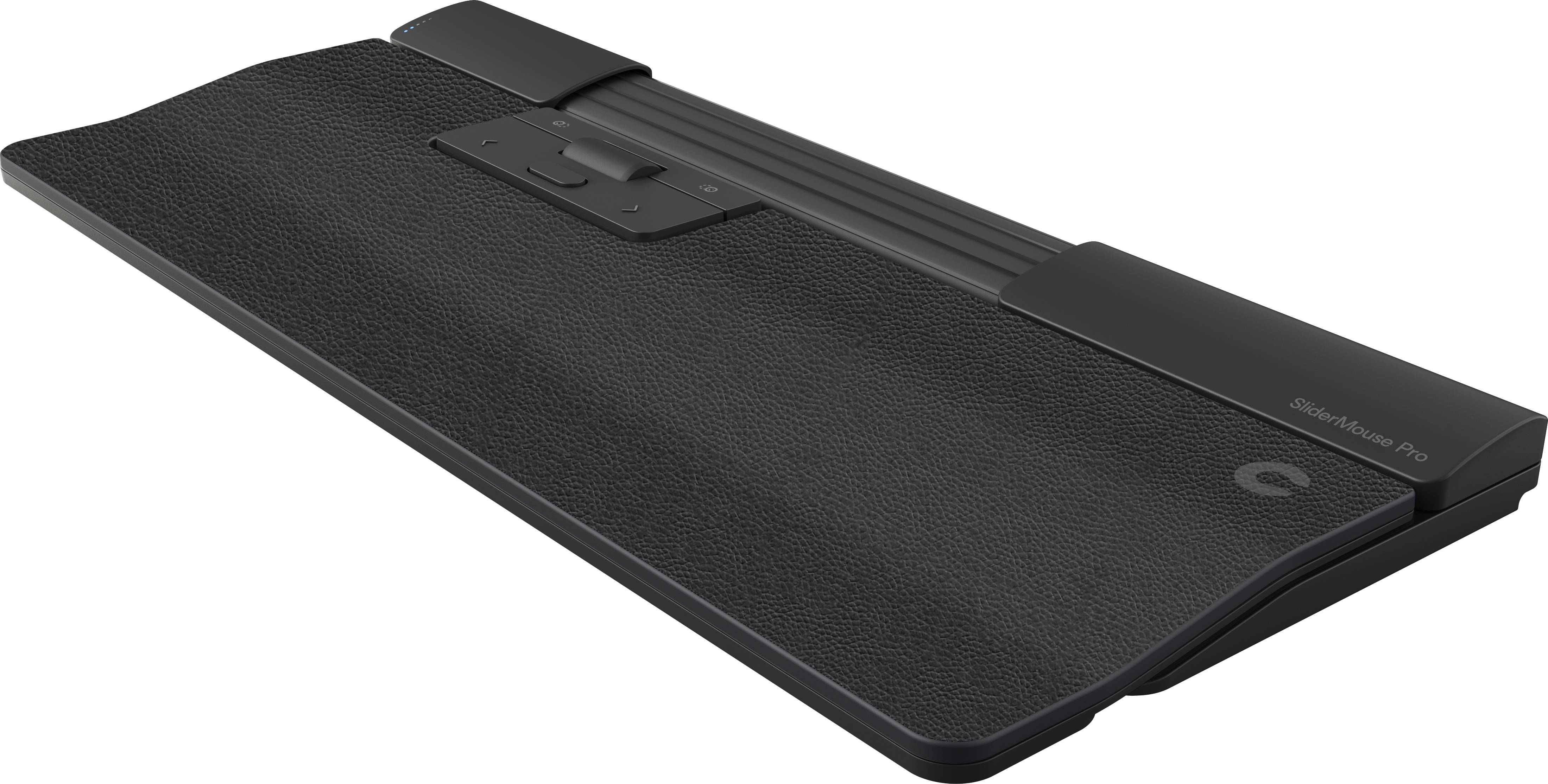 Czarna, ergonomiczna podkładka pod nadgarstek o strukturowanej powierzchni, przeznaczona do wspierania komfortu podczas pracy przy komputerze.