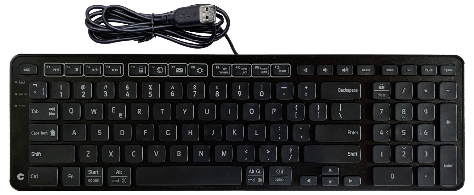 Czarna klawiatura komputerowa z układem QWERTY i przewodem na górnej powierzchni.