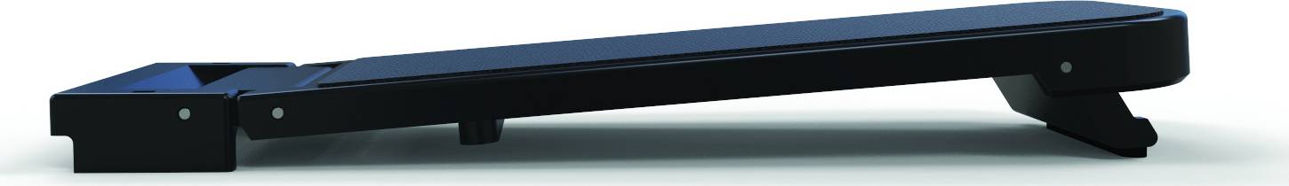 Czarny, prostokątny uchwyt o skośnej konstrukcji, prawdopodobnie przeznaczony do stabilizacji urządzeń takich jak laptopy lub tablety.