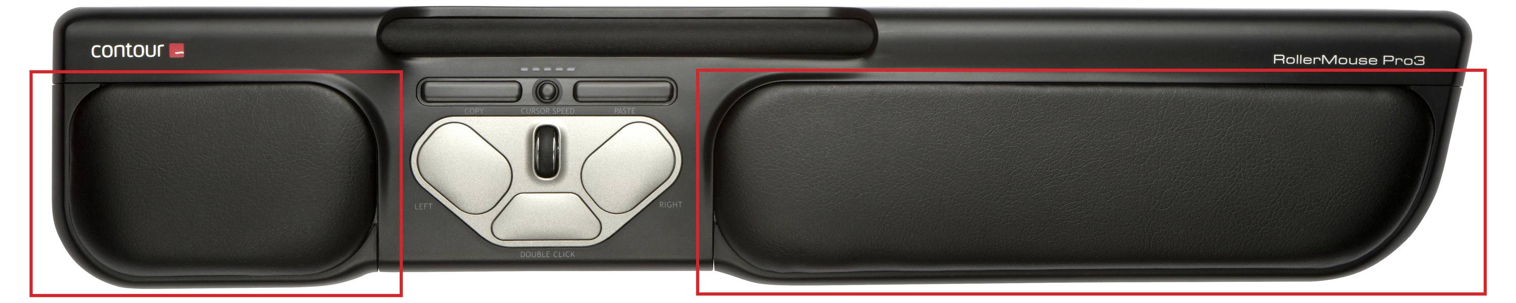 Czarna, ergonomiczna mysz zastępcza z dwoma dużymi podpórkami pod dłonie i kilkoma elementami sterującymi na górnej powierzchni. Odpowiednia do wygodnego korzystania z komputera.