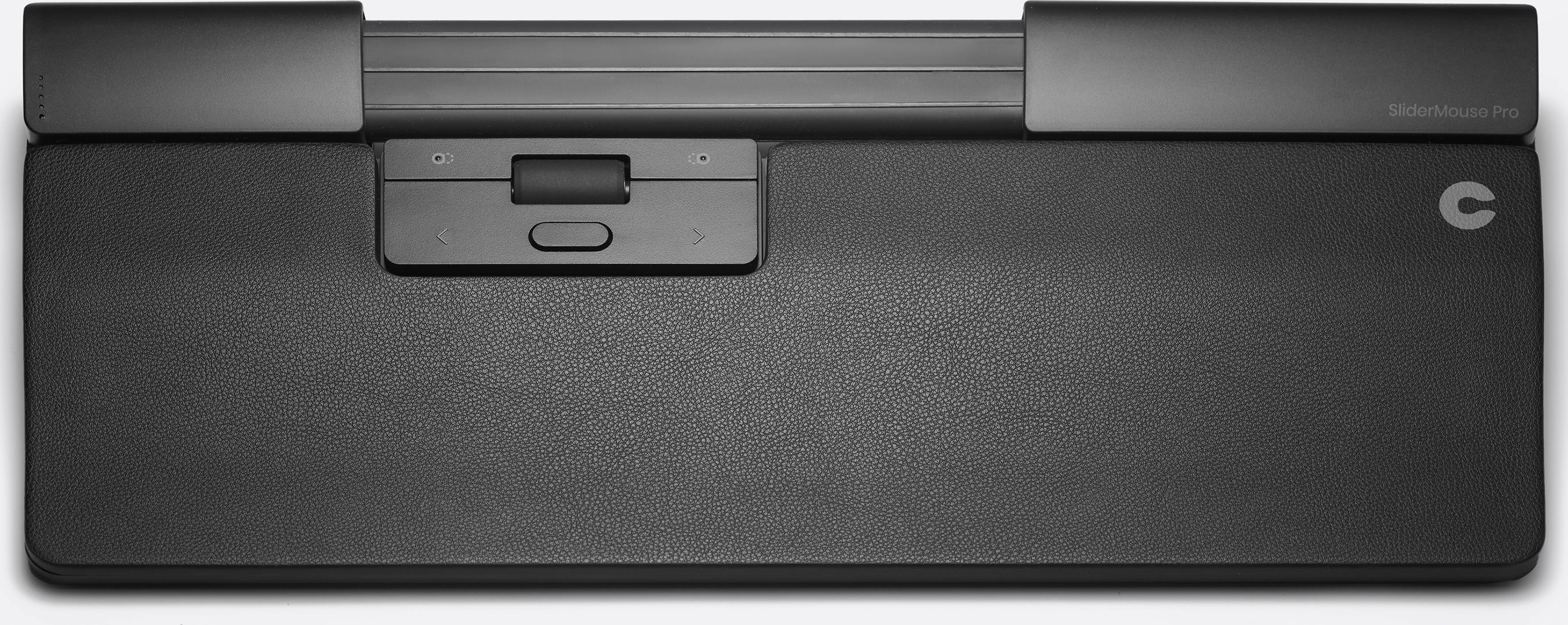 Czarna klawiatura z centralnym panelem sterowania i szeroką podpórką pod nadgarstki, przeznaczona do ergonomicznej pracy przy komputerze.