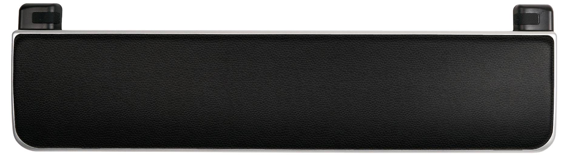 Czarna, prostokątna podkładka pod nadgarstek z zaokrąglonymi rogami, którą można przymocować do boków klawiatury.