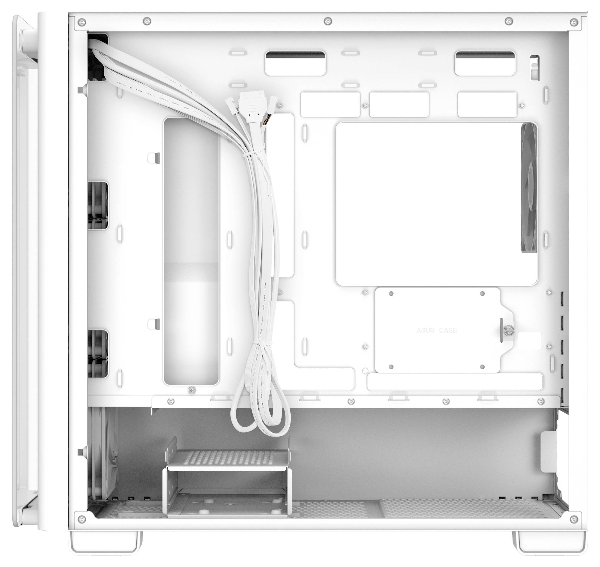 Białe wnętrze pustej obudowy komputerowej z systemem zarządzania kablami i mocowaniem dysków twardych.