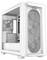 Białe obudowa komputera z przezroczystym panelem bocznym, widoczne trzy wentylatory przednie i jeden wentylator tylny.