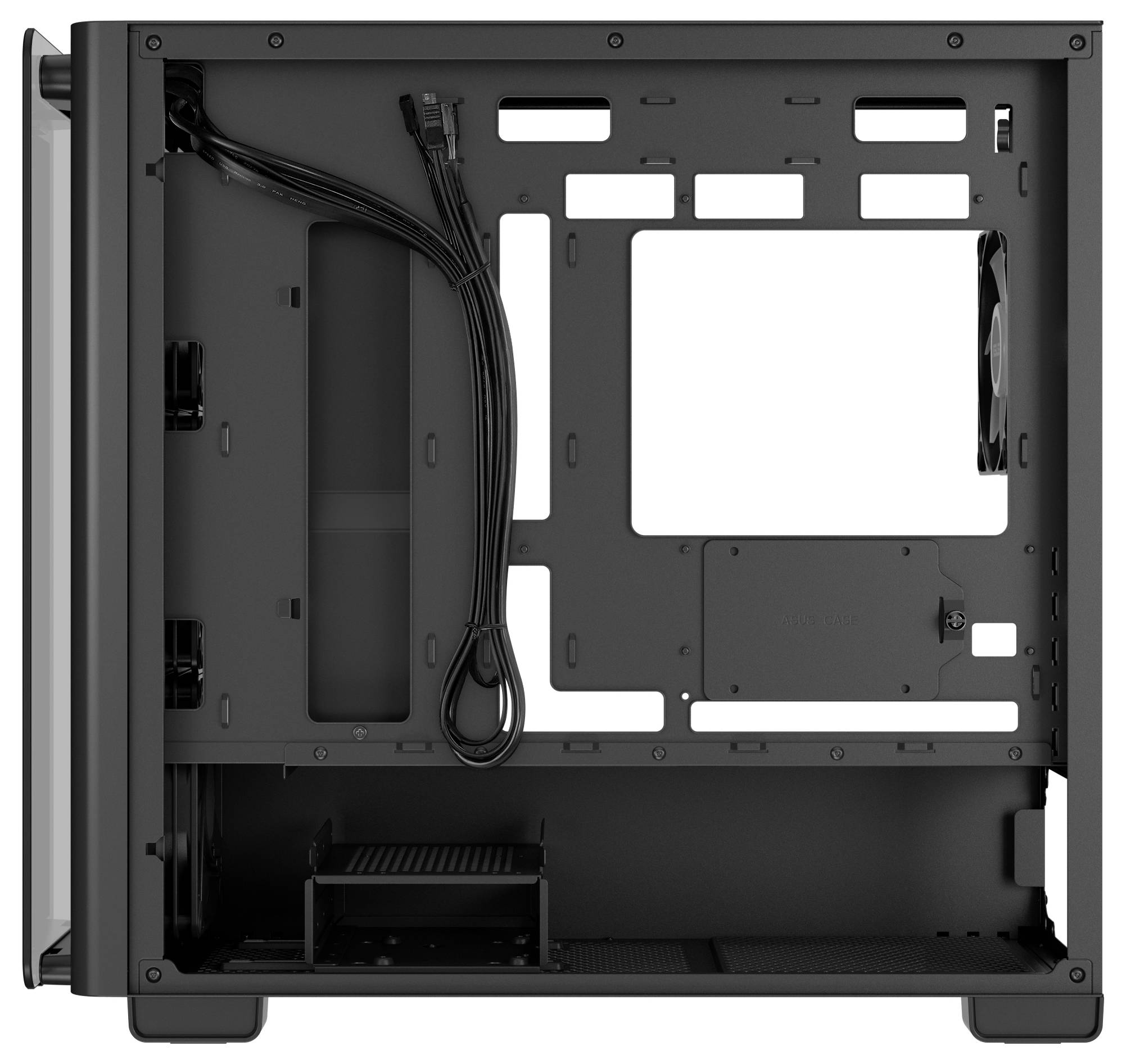 Czarna, pusta obudowa komputerowa z otwartą ścianą boczną. Wewnątrz widoczne są kable, bez zainstalowanych komponentów.