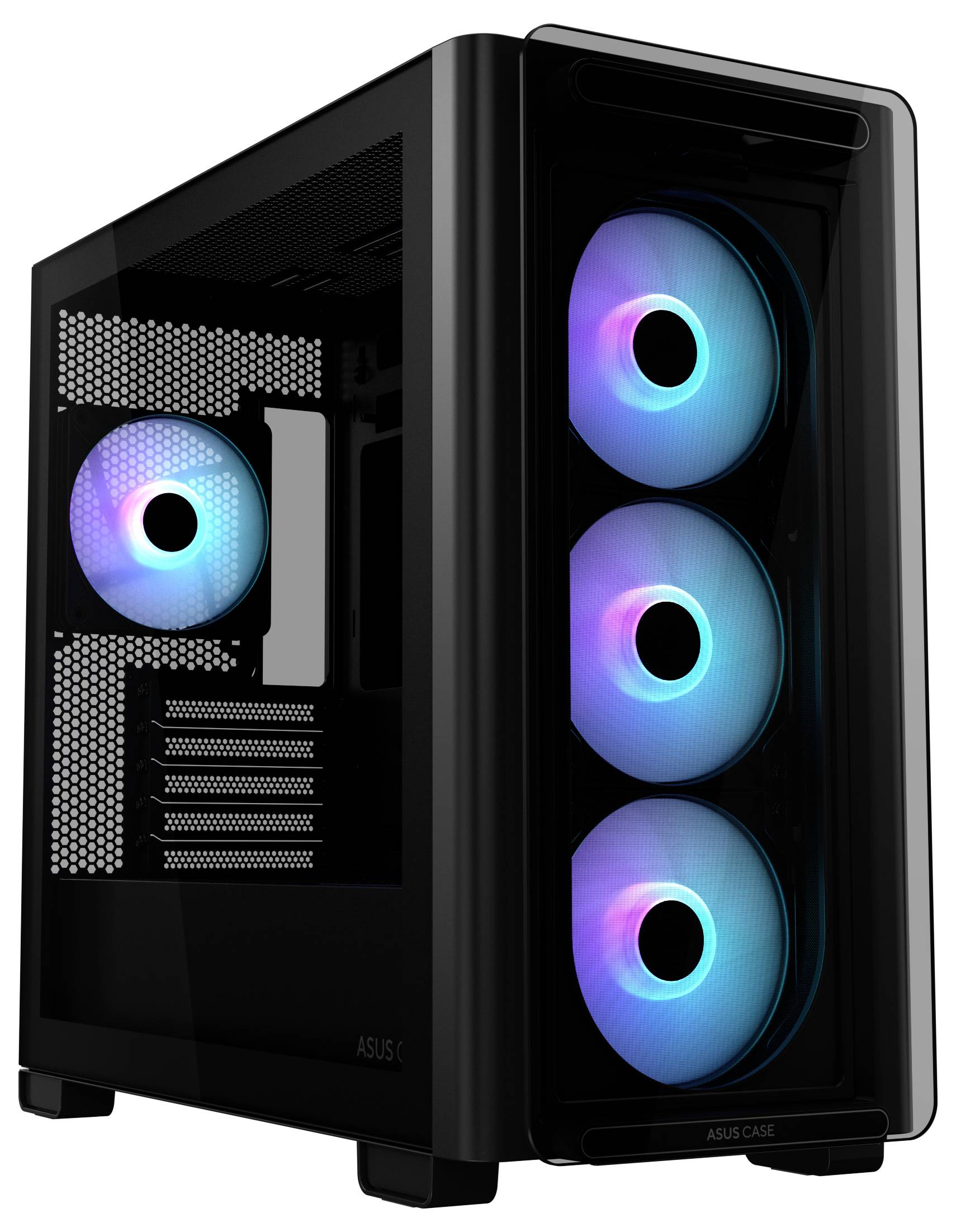 Czarne obudowa komputerowa z czterema dużymi, świecącymi wentylatorami LED w kolorach niebieskim i różowym na przedniej ścianie oraz jednym wentylatorem z tyłu.