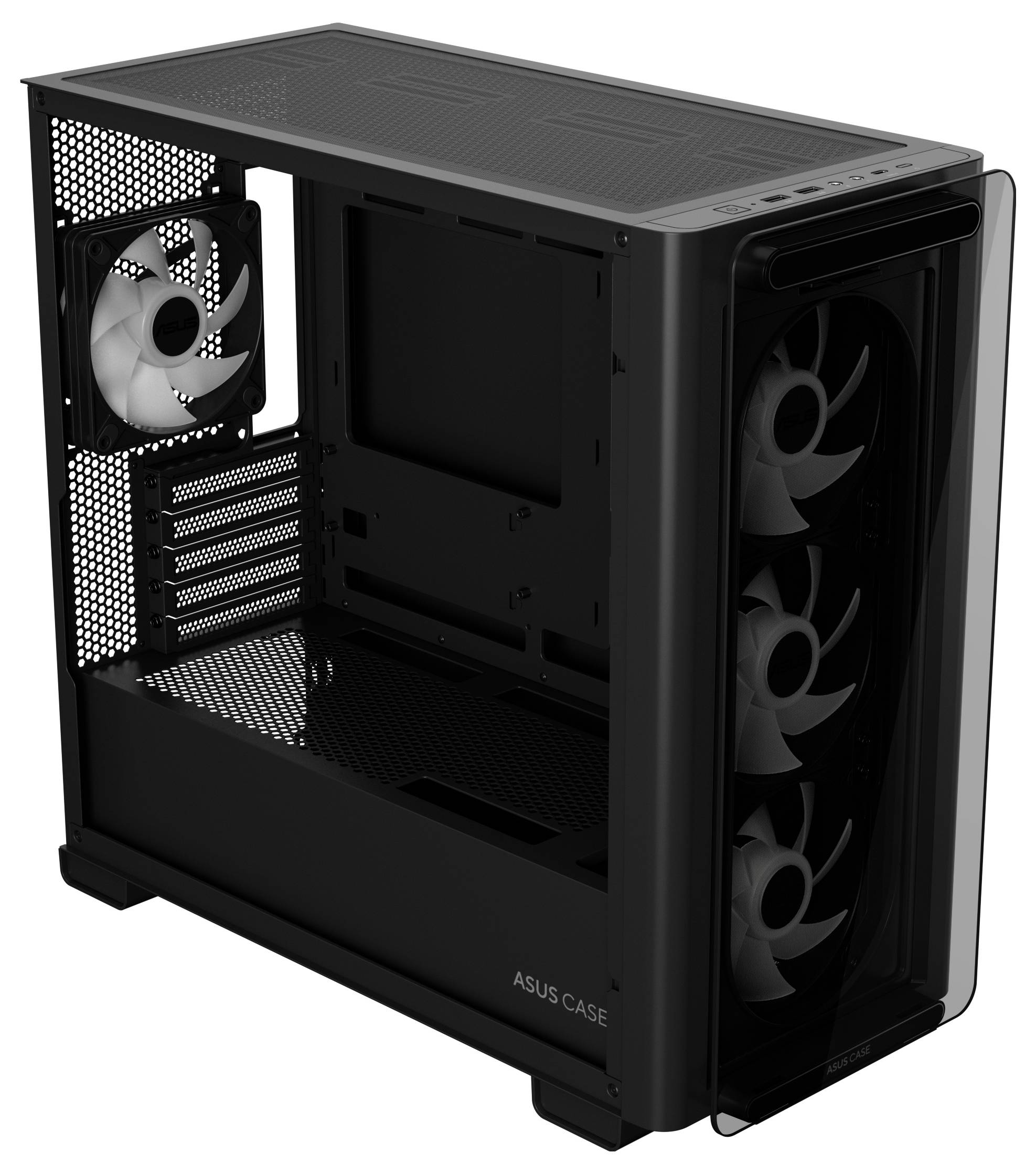 Czarna obudowa komputera z przezroczystym panelem bocznym. Wyposażona w cztery wentylatory, trzy z przodu i jeden z tyłu, zapewniające chłodzenie.