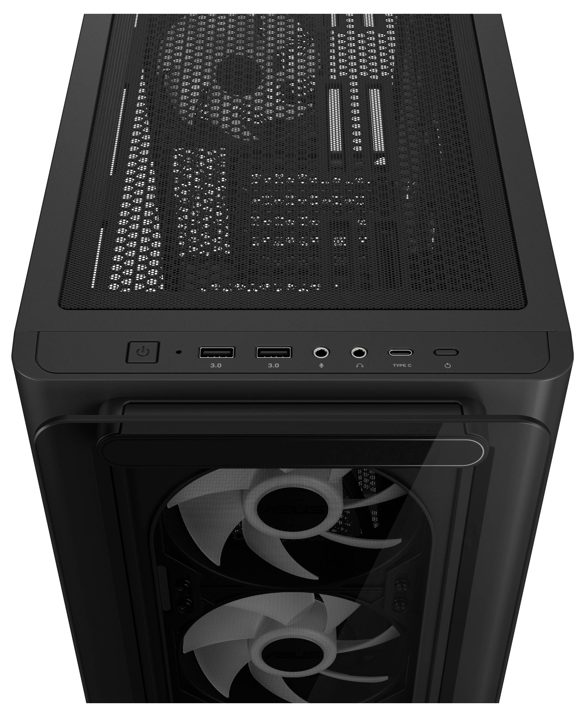 Czarna obudowa komputera z wentylatorami z przodu i na górze, górnymi elementami sterującymi i złączami.