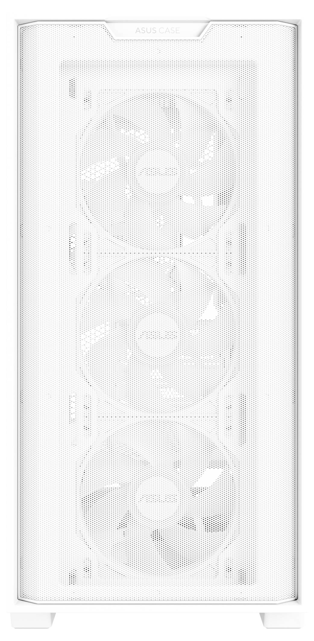 Biała obudowa ASUS z trzema wentylatorami z przodu, odpowiednia do chłodzenia komputera.