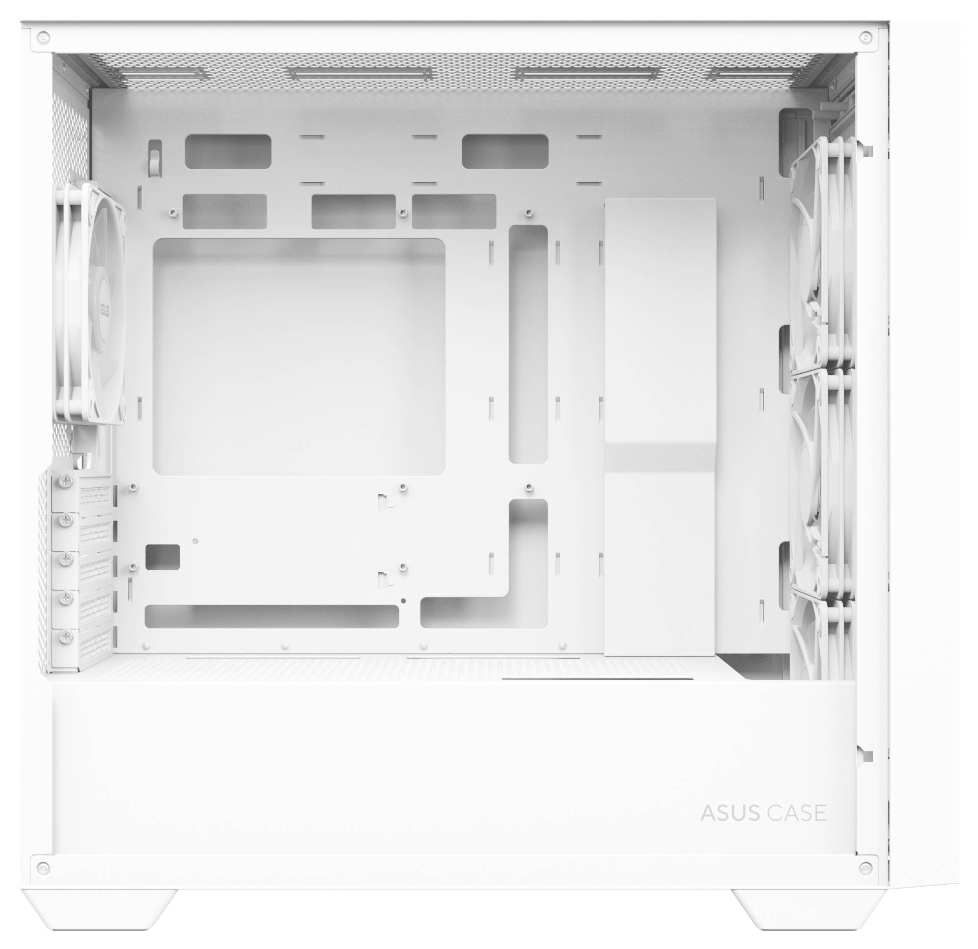 Białe obudowa komputerowa z wieloma wentylatorami po bokach i otwartą przestrzenią wewnętrzną do instalacji podzespołów sprzętowych.