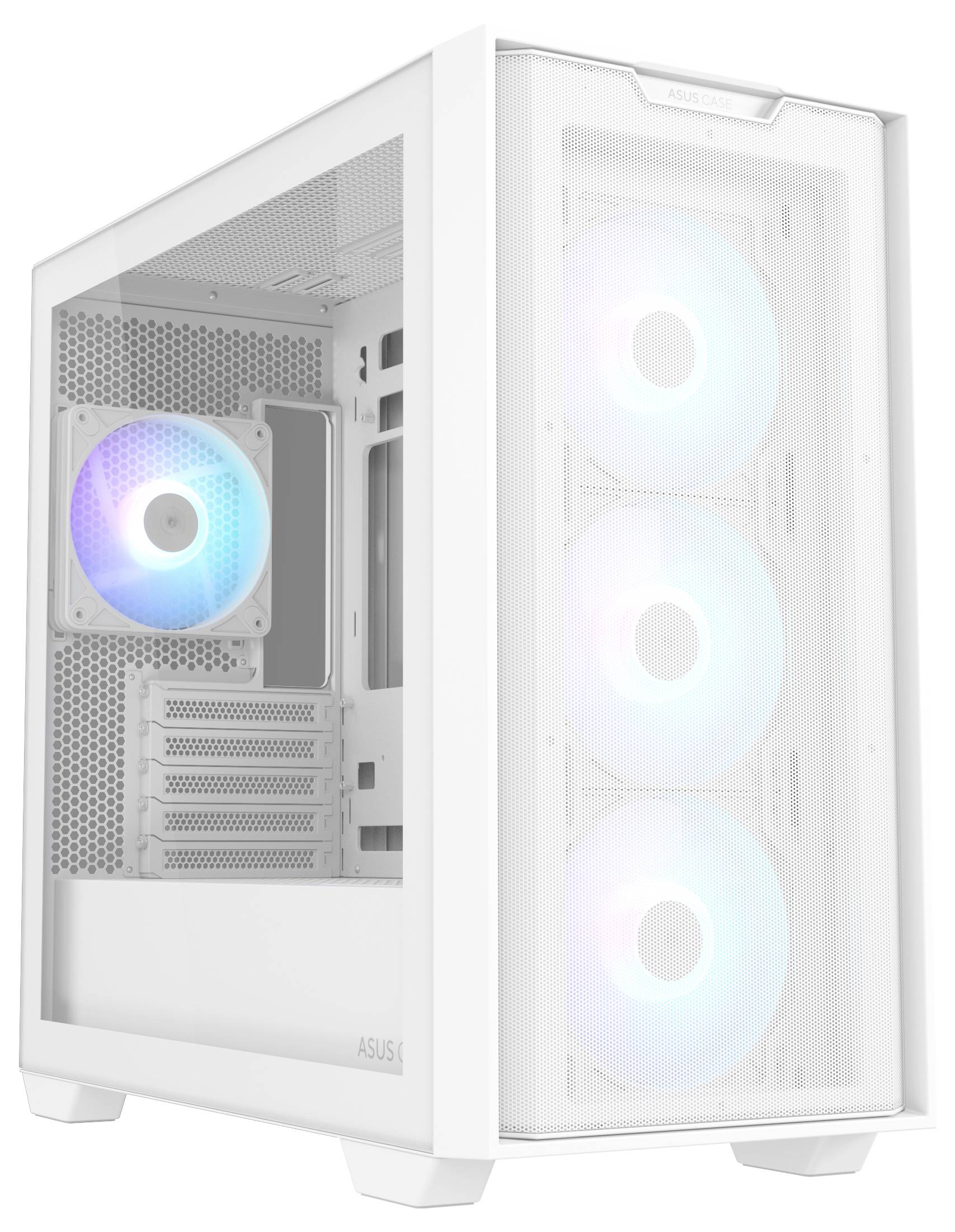 Białe obudowa komputerowa z czterema świecącymi wentylatorami; trzy z przodu, jeden z tyłu. Nadaje się do wentylacji i chłodzenia komponentów komputerowych.