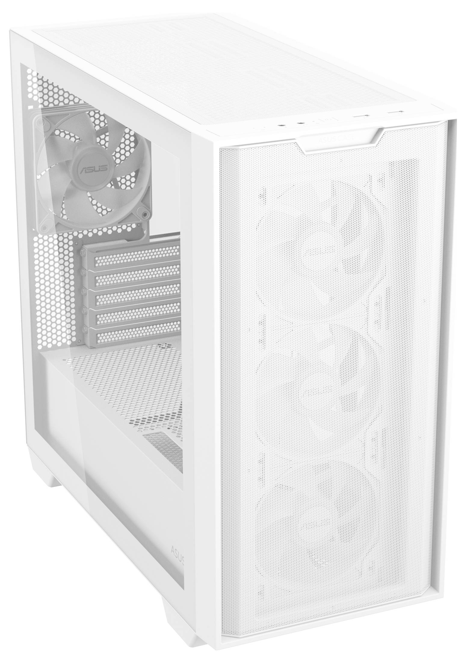 Białe obudowa komputera z przezroczystą boczną ścianką. Widoczne są cztery zintegrowane wentylatory: trzy z przodu i jeden z tyłu, zapewniające chłodzenie.
