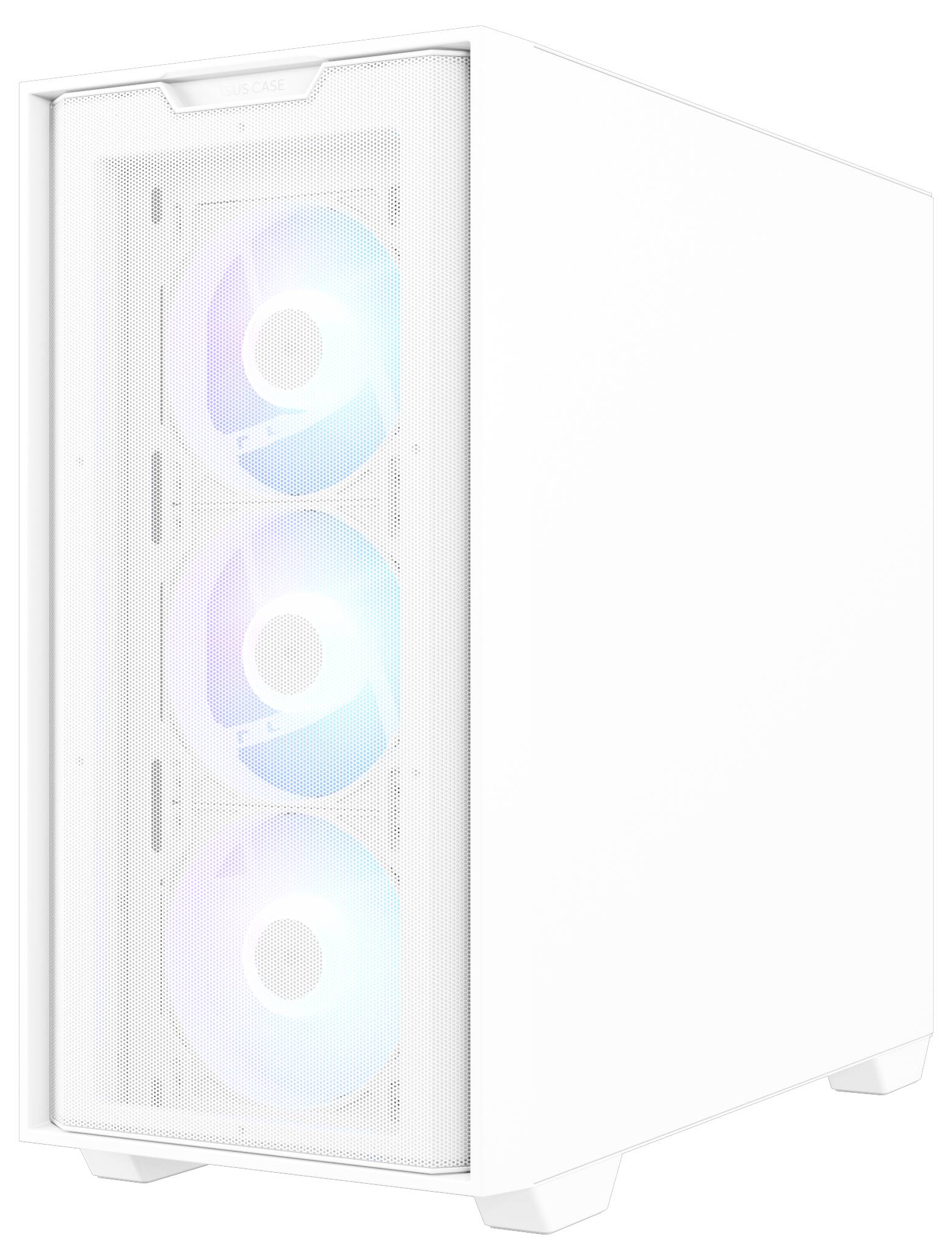 Białe obudowa komputera z trzema świecącymi wentylatorami RGB z przodu. Projekt wygląda nowocześnie i minimalistycznie.