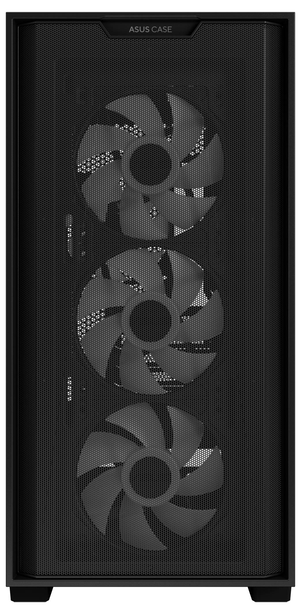 Czarna obudowa komputera z przezroczystym panelem przednim prezentuje trzy duże wbudowane wentylatory ustawione w pionie.