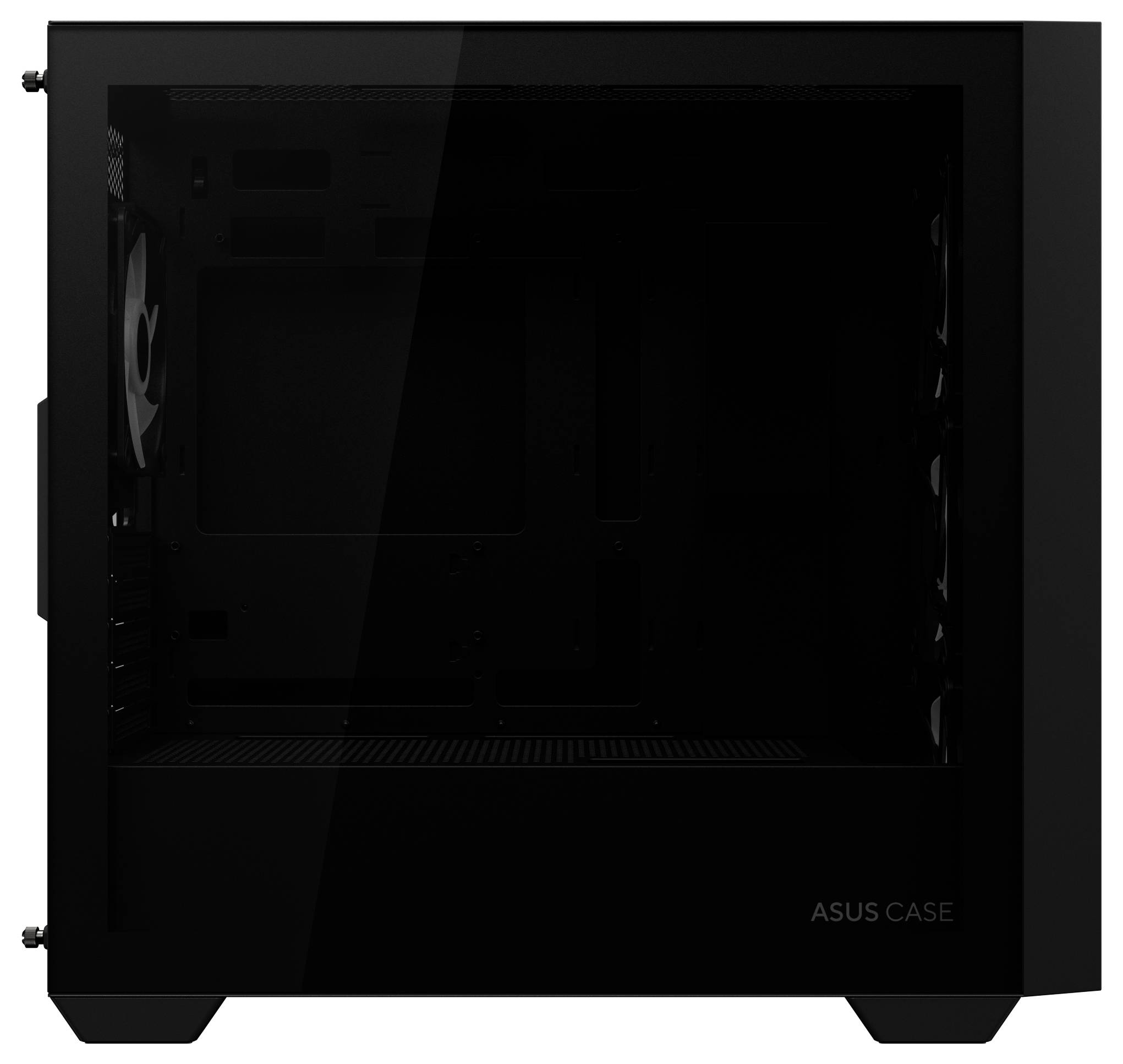Czarna obudowa komputera firmy Asus z oknem ze szkła po lewej stronie, prezentująca pusty wnętrze do montażu podzespołów.