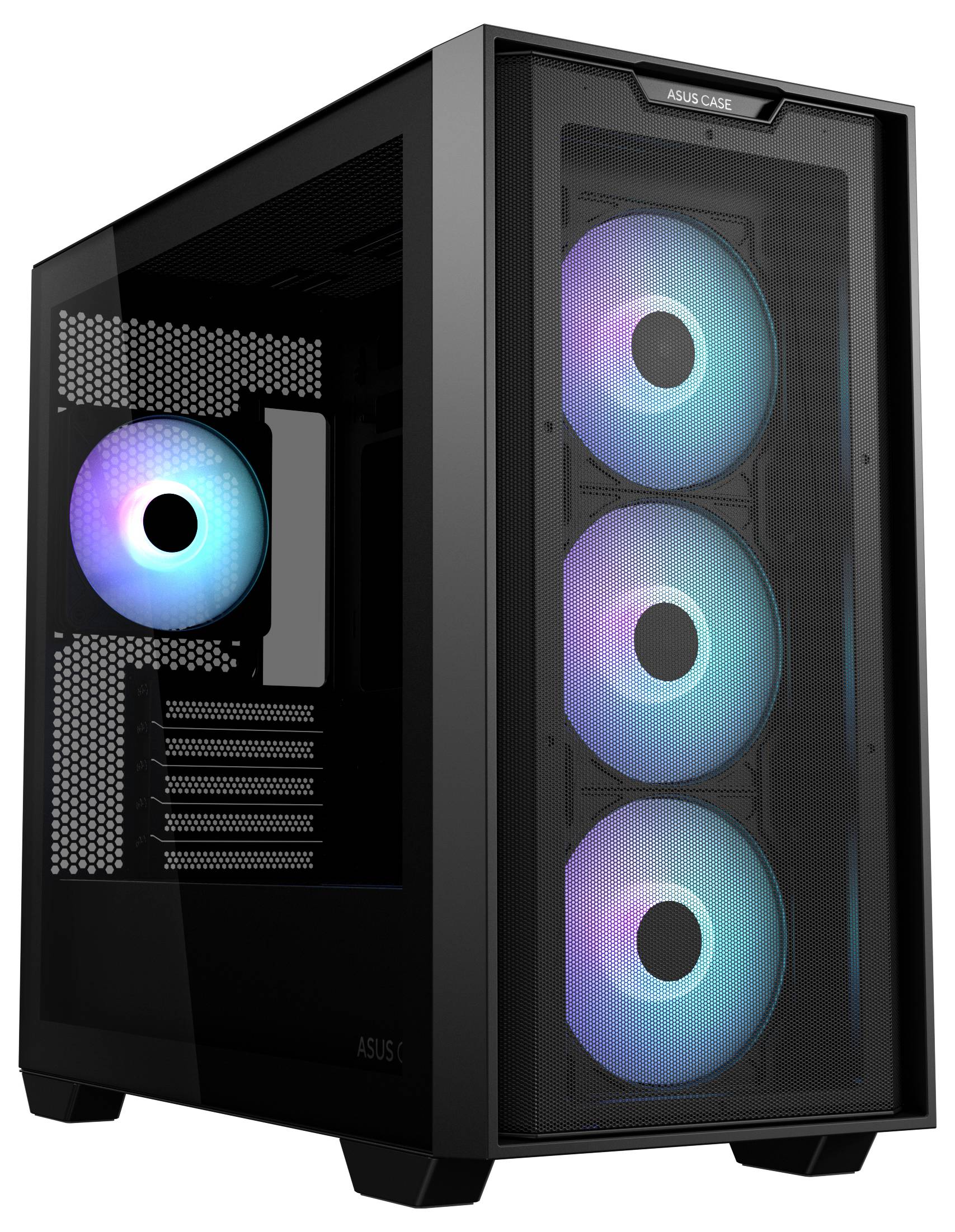 Czarna obudowa komputera ze szklaną przednią ścianką, prezentująca cztery niebieskie, podświetlane wentylatory - trzy z przodu, jeden z tyłu.