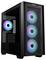 Czarna obudowa komputera ze szklaną przednią ścianką, prezentująca cztery niebieskie, podświetlane wentylatory - trzy z przodu, jeden z tyłu.