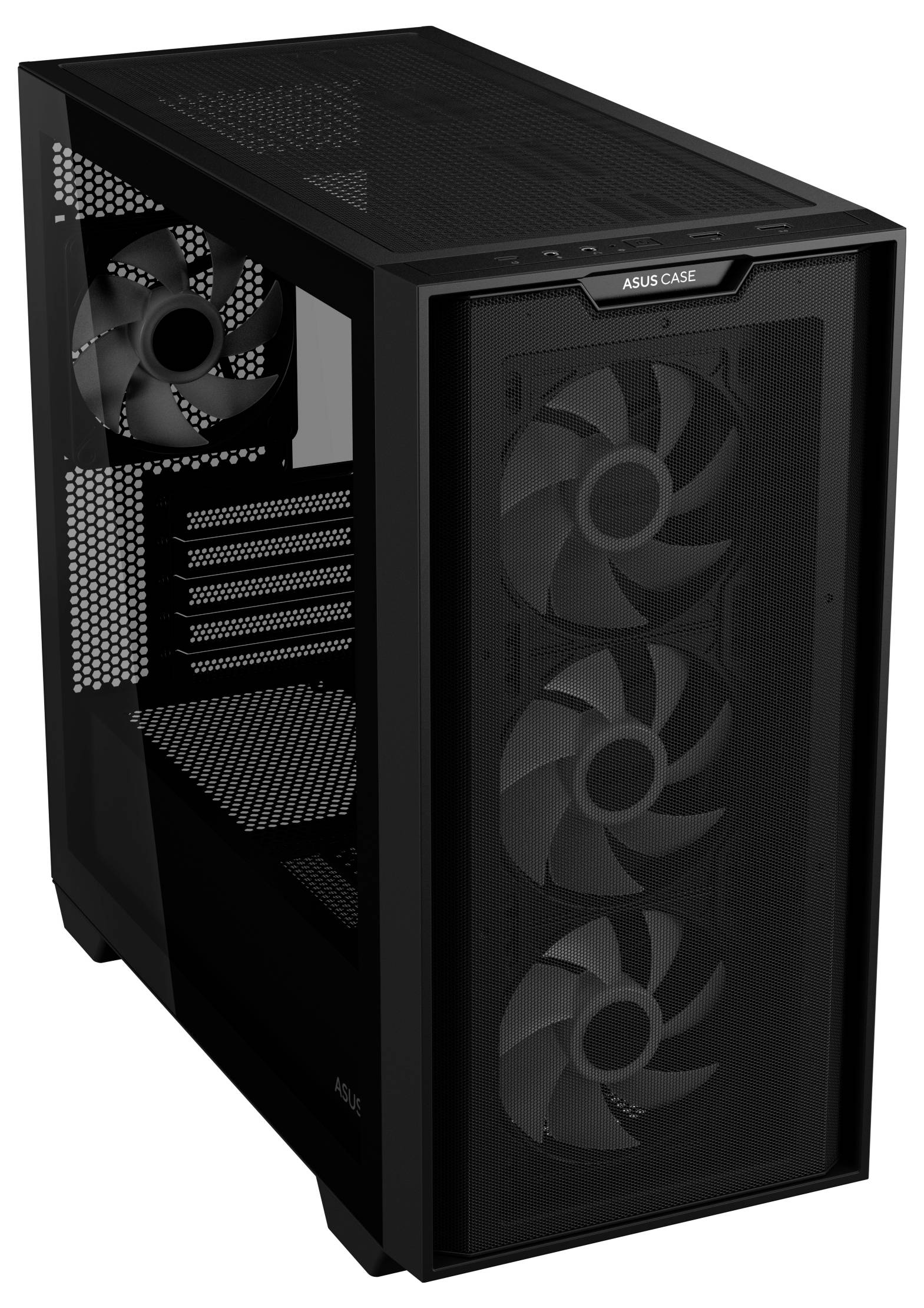 Czarna obudowa komputera z trzema wentylatorami z przodu i jednym z tyłu, perforowana ściana boczna dla lepszej wentylacji, nazwa marki na przedniej części.