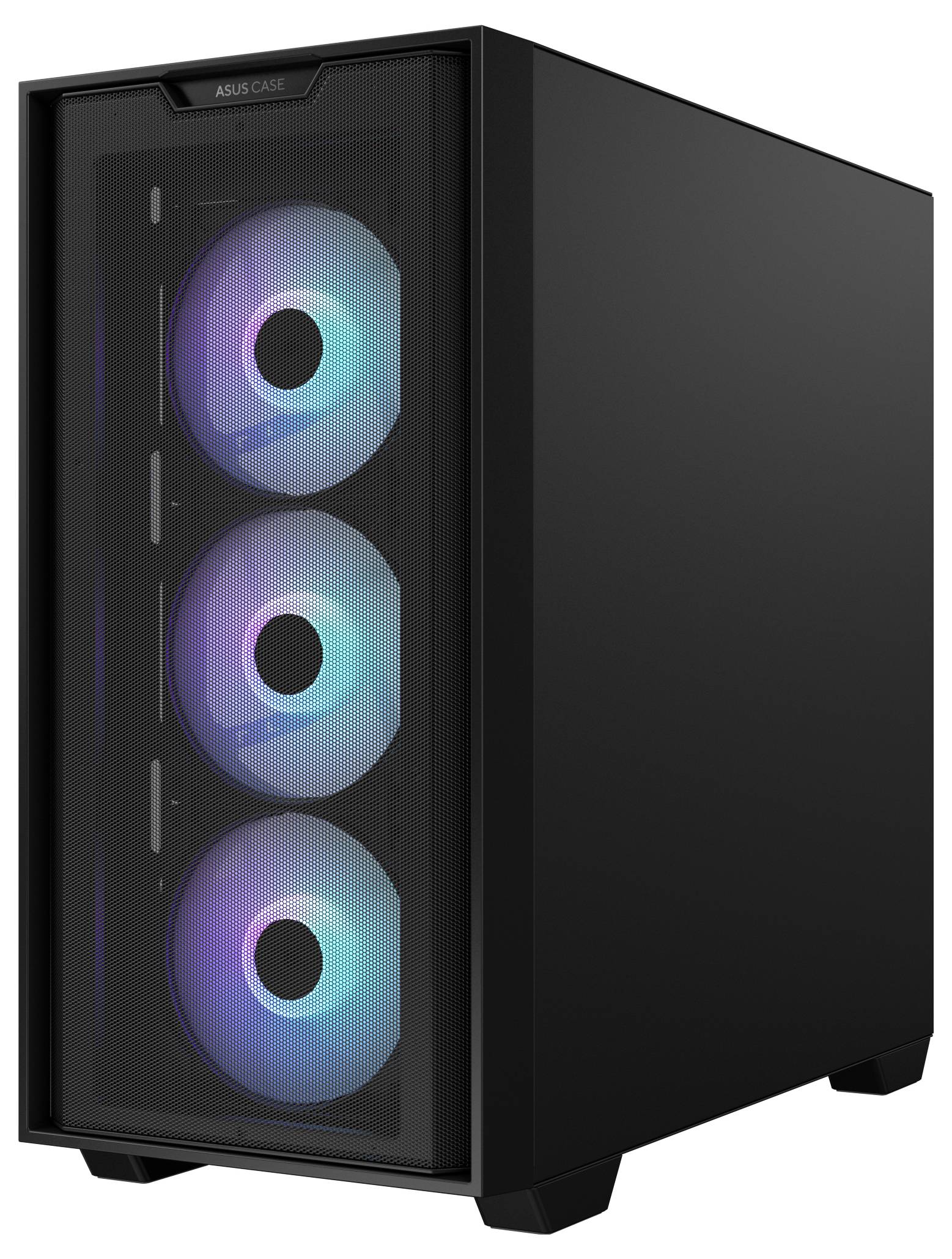 Czarna obudowa komputera z trzema świecącymi wentylatorami z przodu.