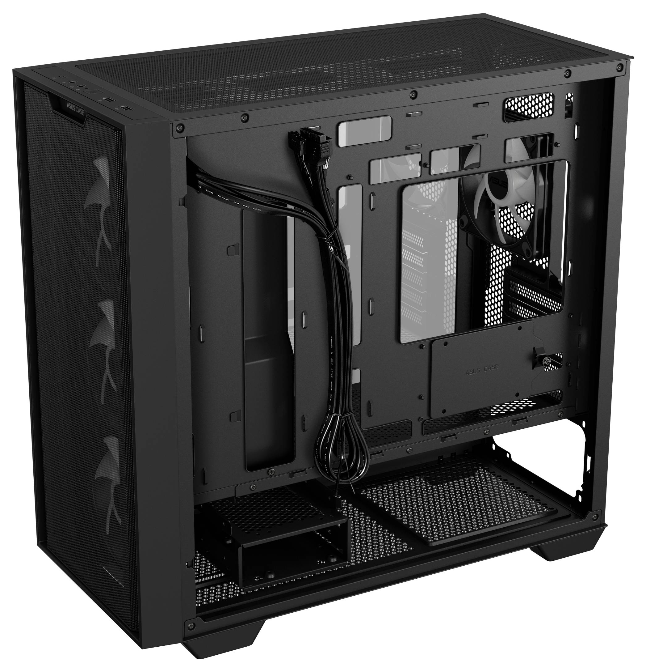 Czarna obudowa komputera z otwartymi bokami, prezentująca pustą strukturę wewnętrzną do montażu podzespołów. Kładzie nacisk na wentylację i modularność.