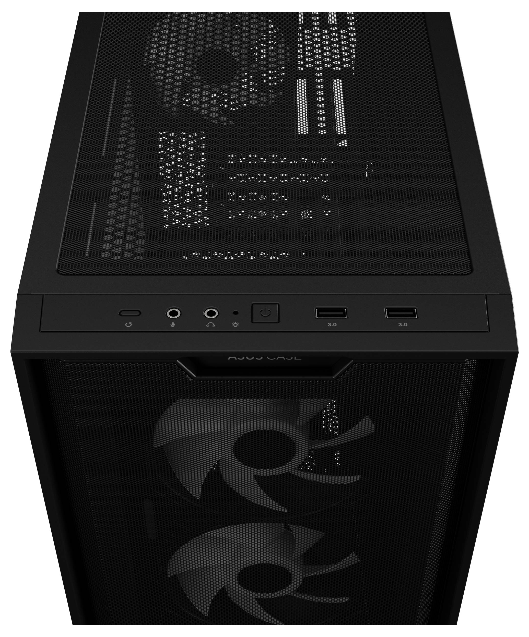 Czarna obudowa komputera z widokiem na górną i przednią część. Widoczne są wentylatory oraz porty USB.