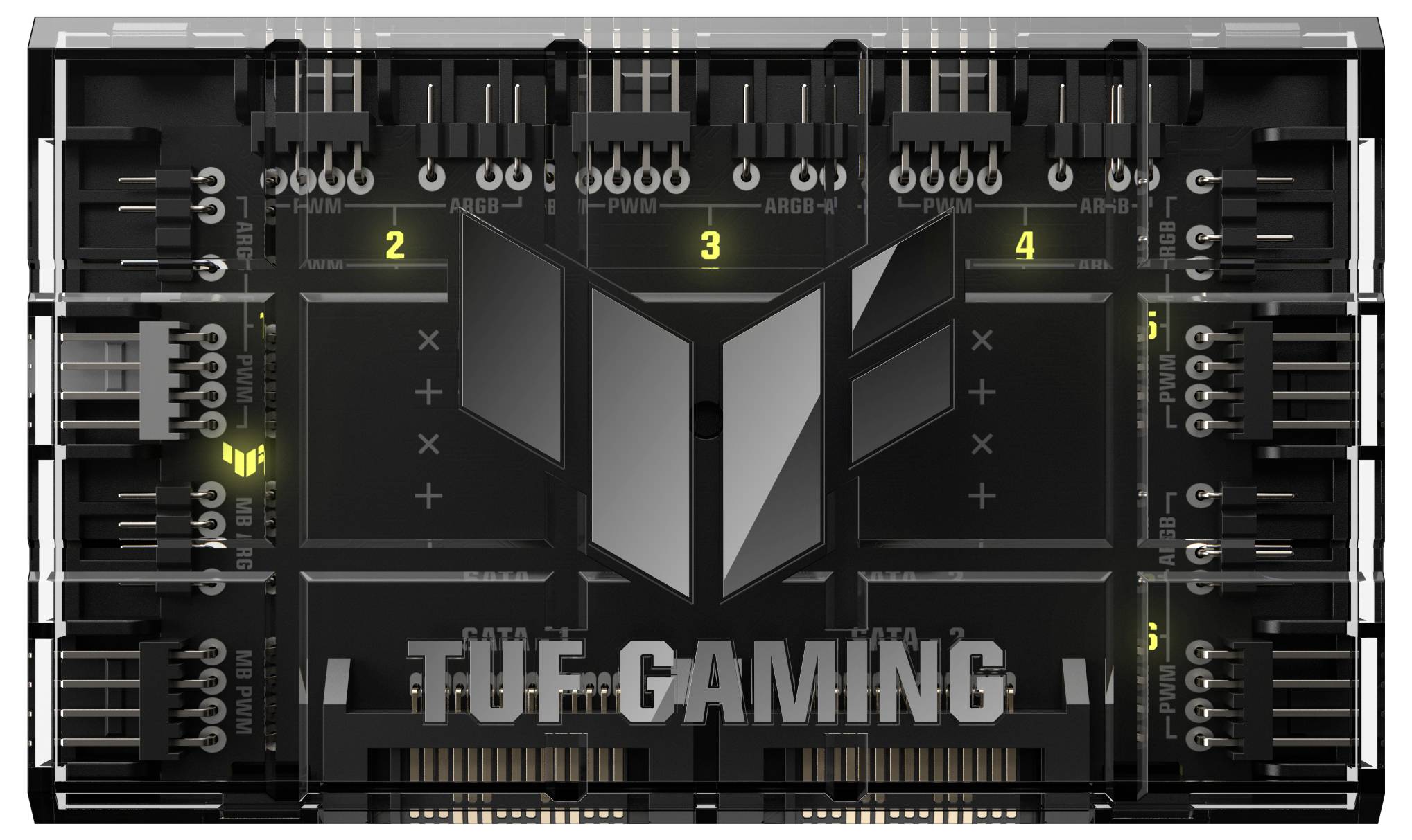 Czarny elektroniczny sprzęt z napisem 'TUF GAMING' prezentuje cztery ponumerowane złącza oraz widoczne obwody elektroniczne.