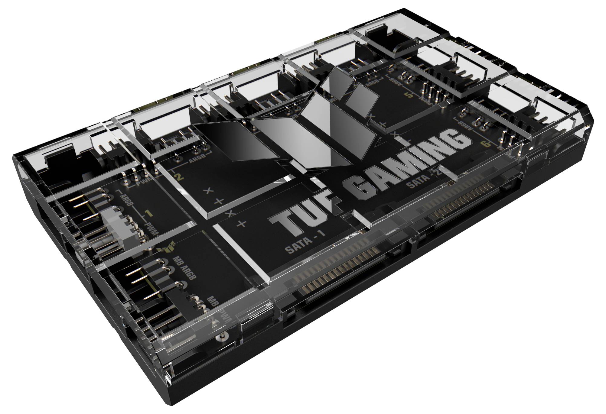 Czarny hub PCIe-SATA TUF GAMING z 7 portami, z przezroczystą obudową ukazującą wewnętrzne obwody, jest przedstawiony w pozycji pionowej.