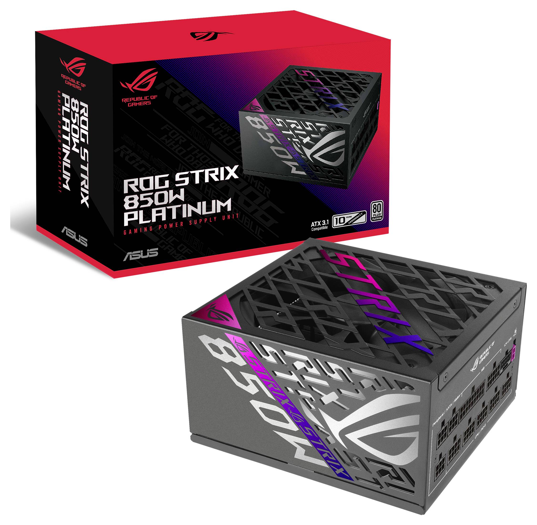 Na ilustracji przedstawiono zasilacz ROG Strix 850W Platinum wraz z opakowaniem. Obudowa w kolorach czarnym i srebrnym z wyrazistymi wzorami.