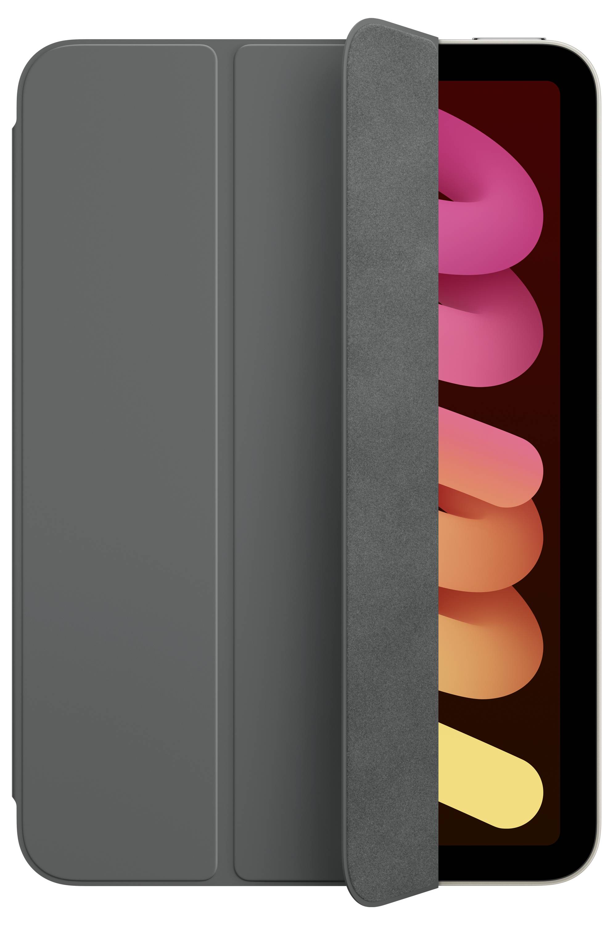 Tablet w szarym etui, na wyświetlaczu widać kolorowy, abstrakcyjny wzór.