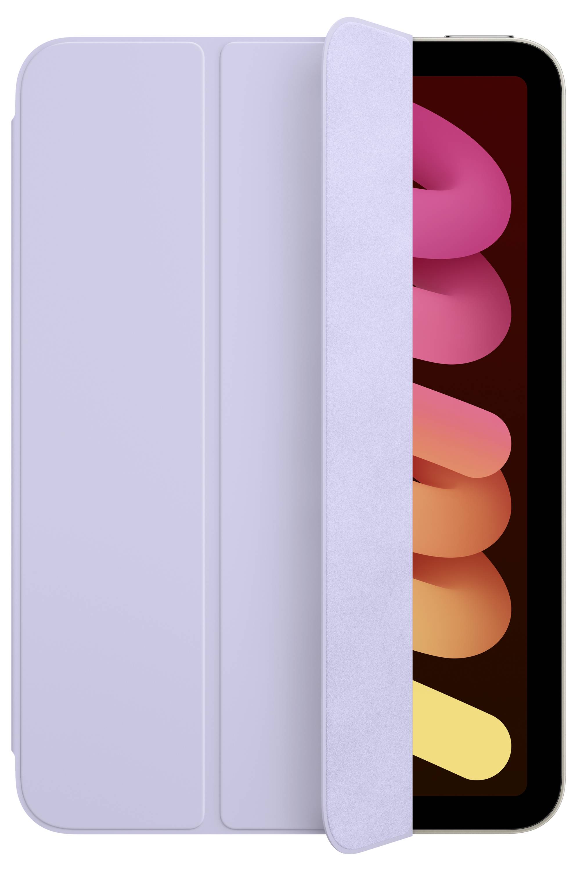 Etui na tablet w pastelowym fioletowym kolorze, częściowo otwarte, ujawnia tablet z kolorowym ekranem.