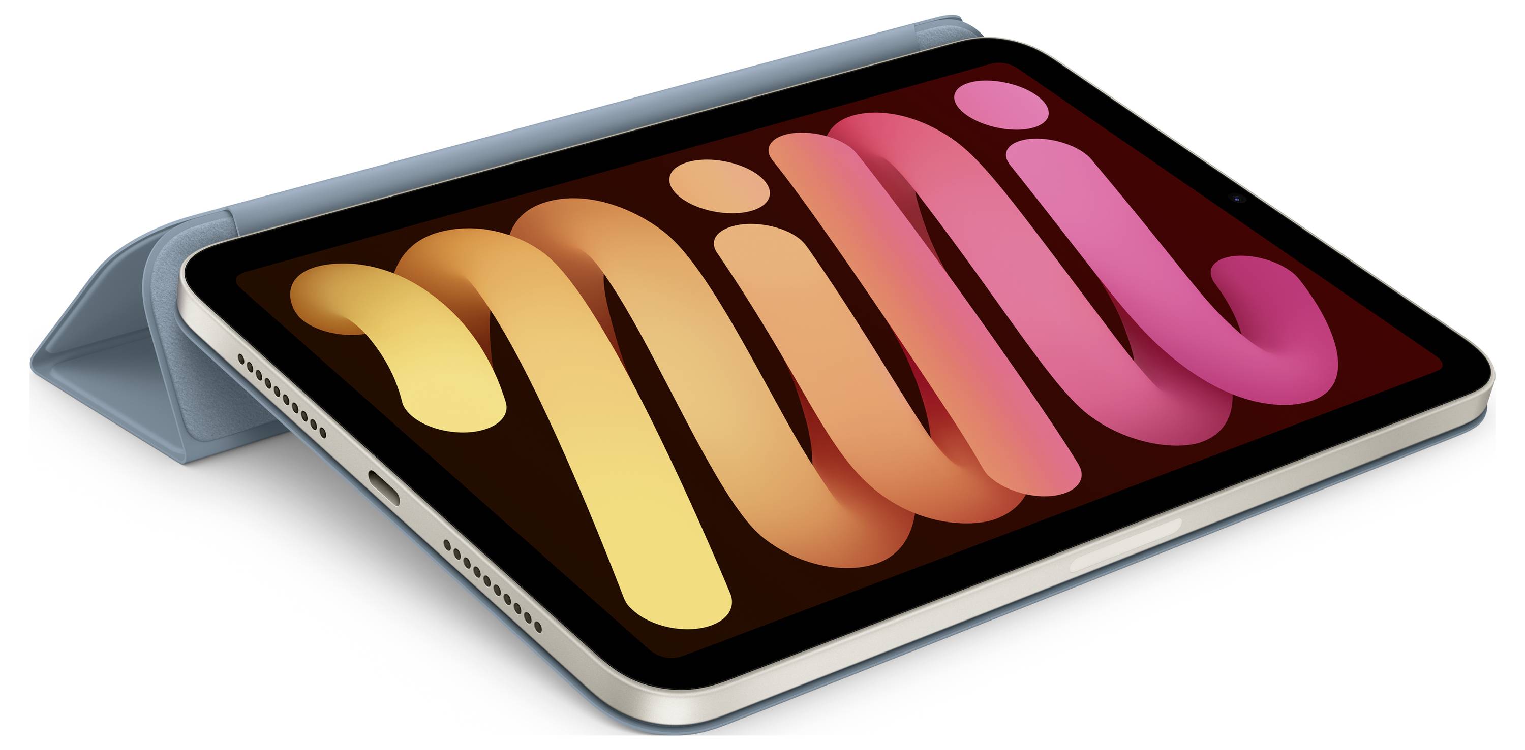 Tablet leży pod skosem na niebieskiej okładce, a na wyświetlaczu widnieją duże, kolorowe litery słowa 'mini'.