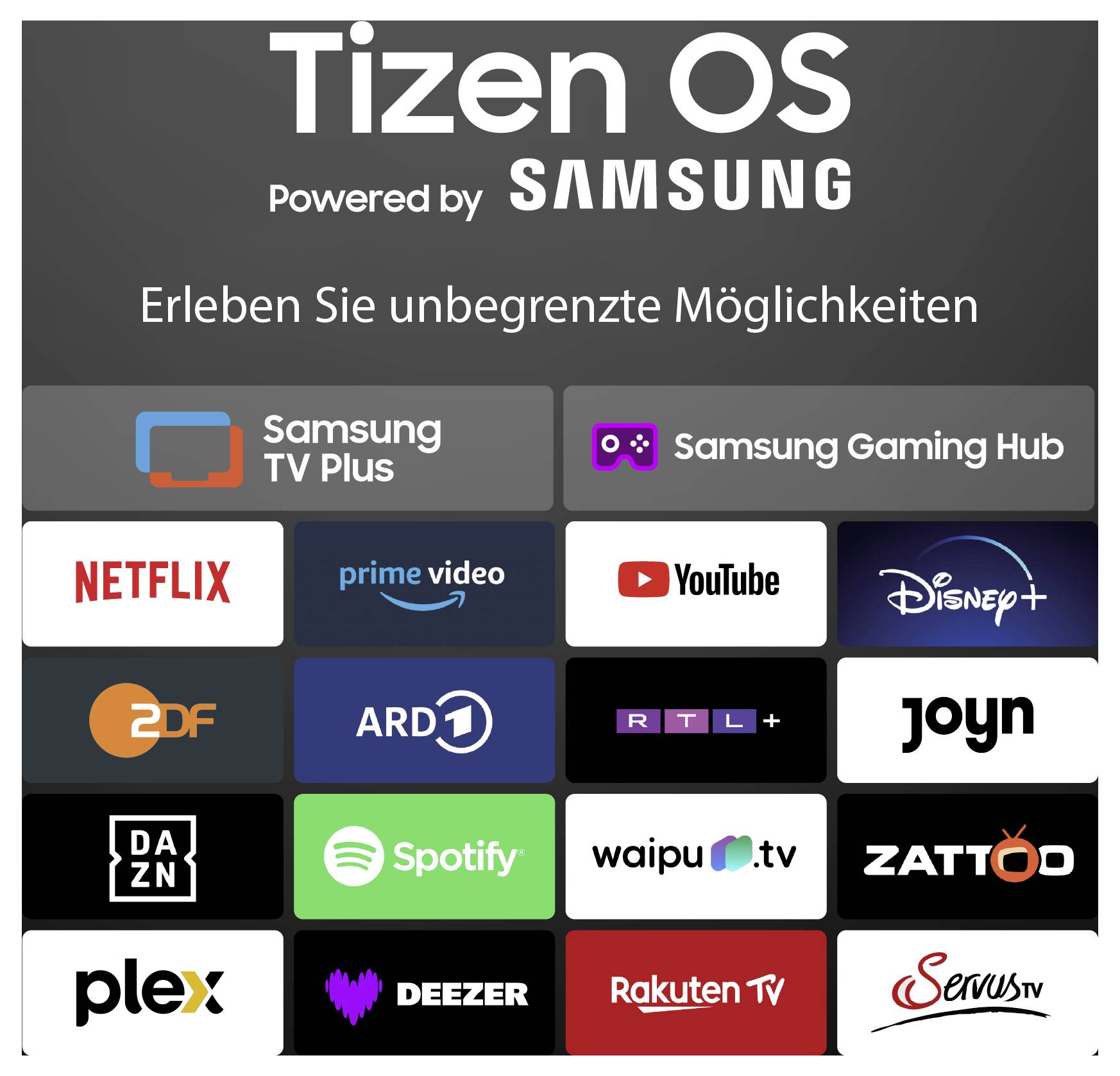 Interfejs Tizen OS wyświetlający różne logo aplikacji streamingowych, w tym Netflix, Prime Video, Disney+, Samsung TV Plus i Spotify.