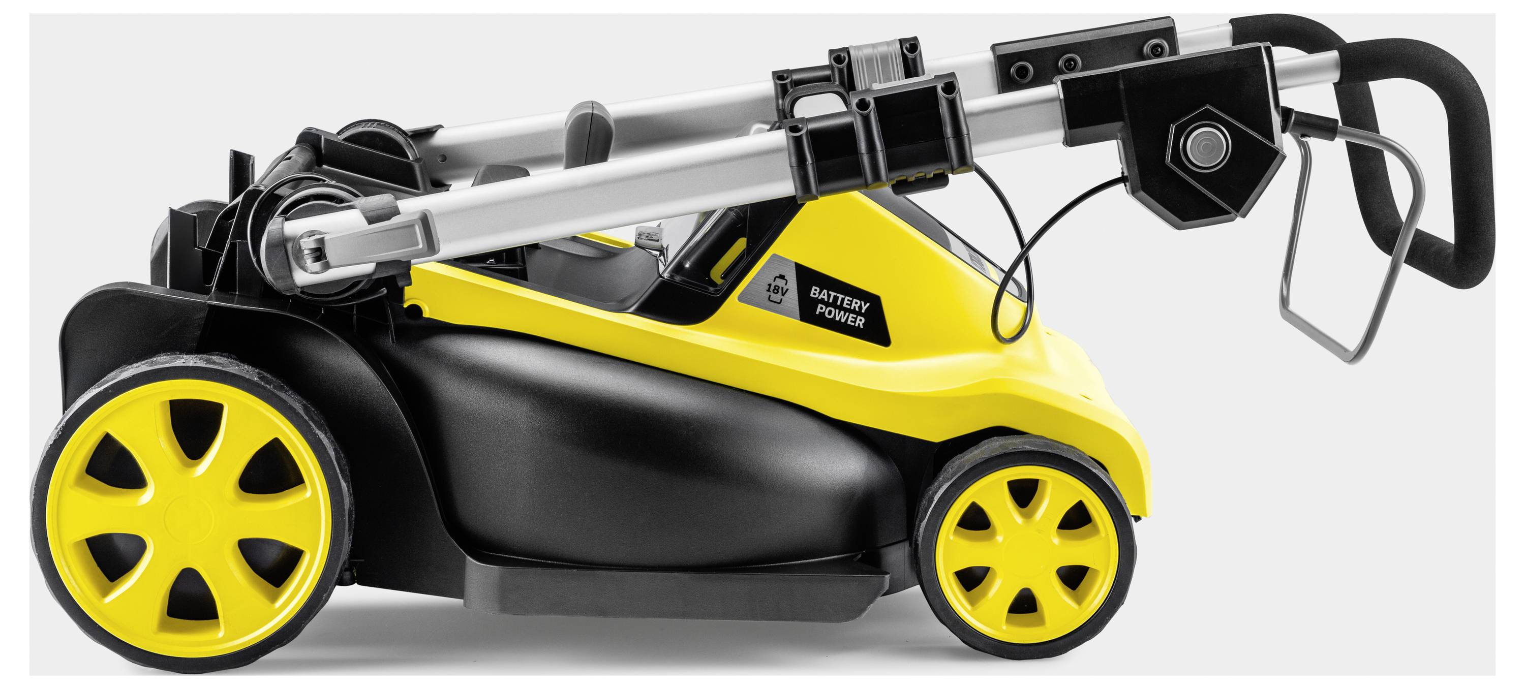 Składany, żółto-czarny, zasilany baterią kosiarka z dwoma dużymi kołami z przodu i dwoma małymi kołami z tyłu.