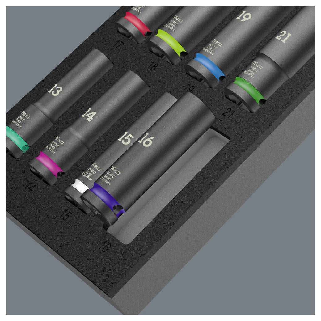 Zestaw markerów w różnych kolorach, ponumerowanych od 13 do 21, prezentowany w czarnym pudełku z pianki.