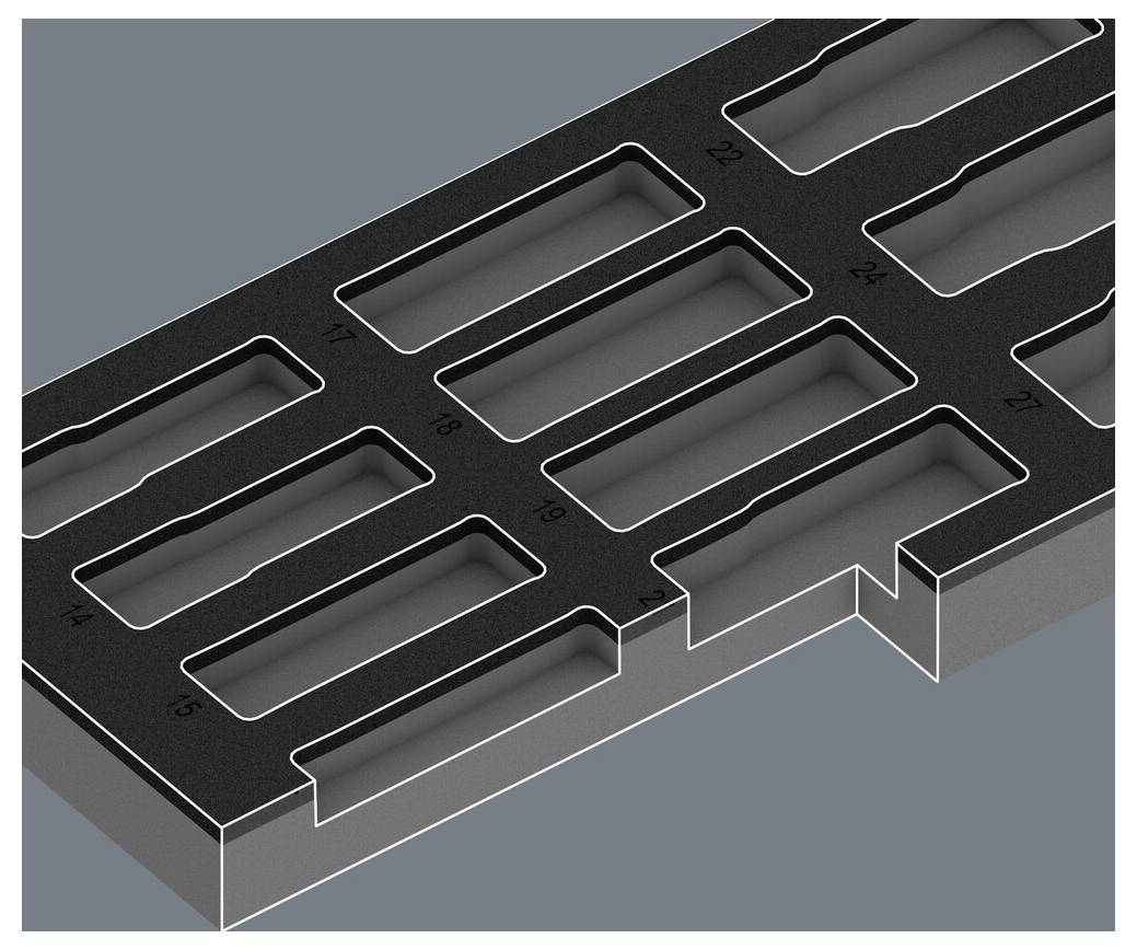 Prostokątna, czarna siatka z ponumerowanymi wycięciami, numerowanymi od 17 do 27, na szarym tle.