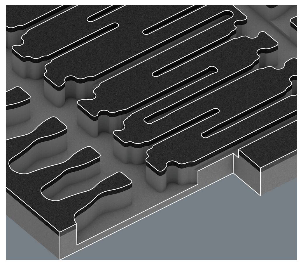 'Czarna labiryntowa struktura na szarym tle, prawdopodobnie przedstawienie techniczne lub architektoniczne.'
